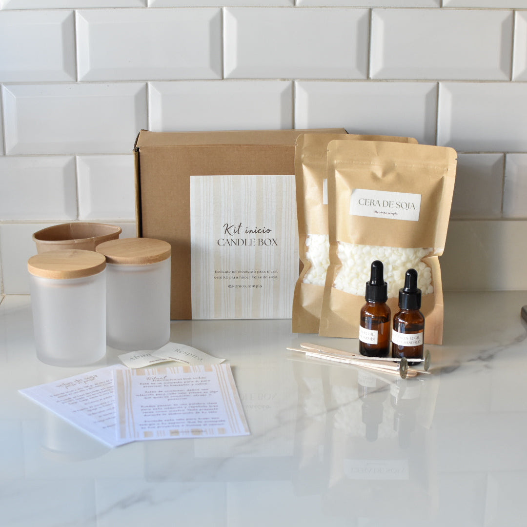 Kit completo para hacer velas de soja intencionadas Templa con cera, envases de vidrio y pabilos