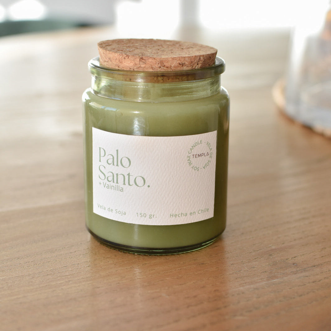 Vela de cera de soja natural aroma Palo Santo y Vainilla para limpieza energética y enraizar