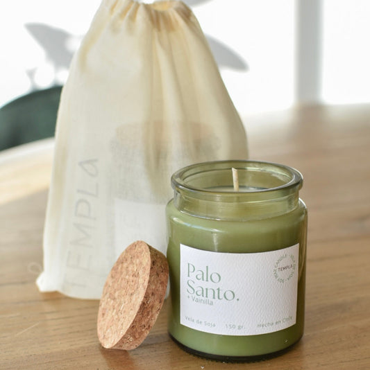 Vela de cera de soja natural aroma Palo Santo y Vainilla para limpieza energética y enraizar